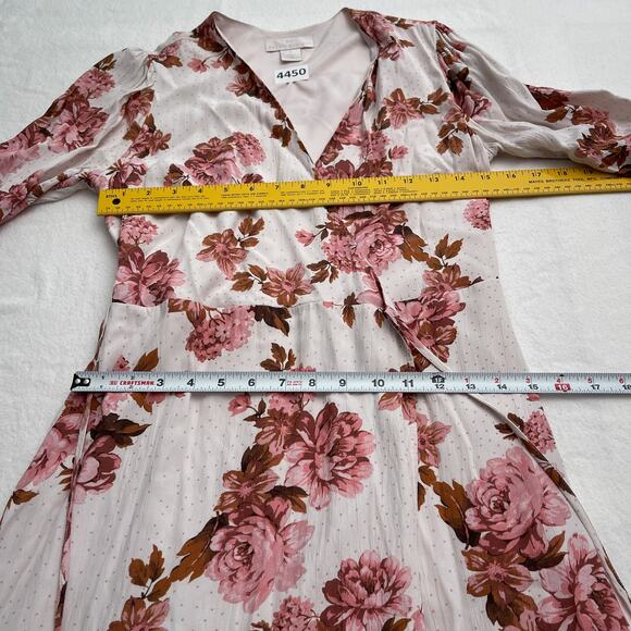 Rachel Parcell Dress Women 8 True Wrap Midi Pink Floral Print Dot Long Sleeve - Picture 8 of 9